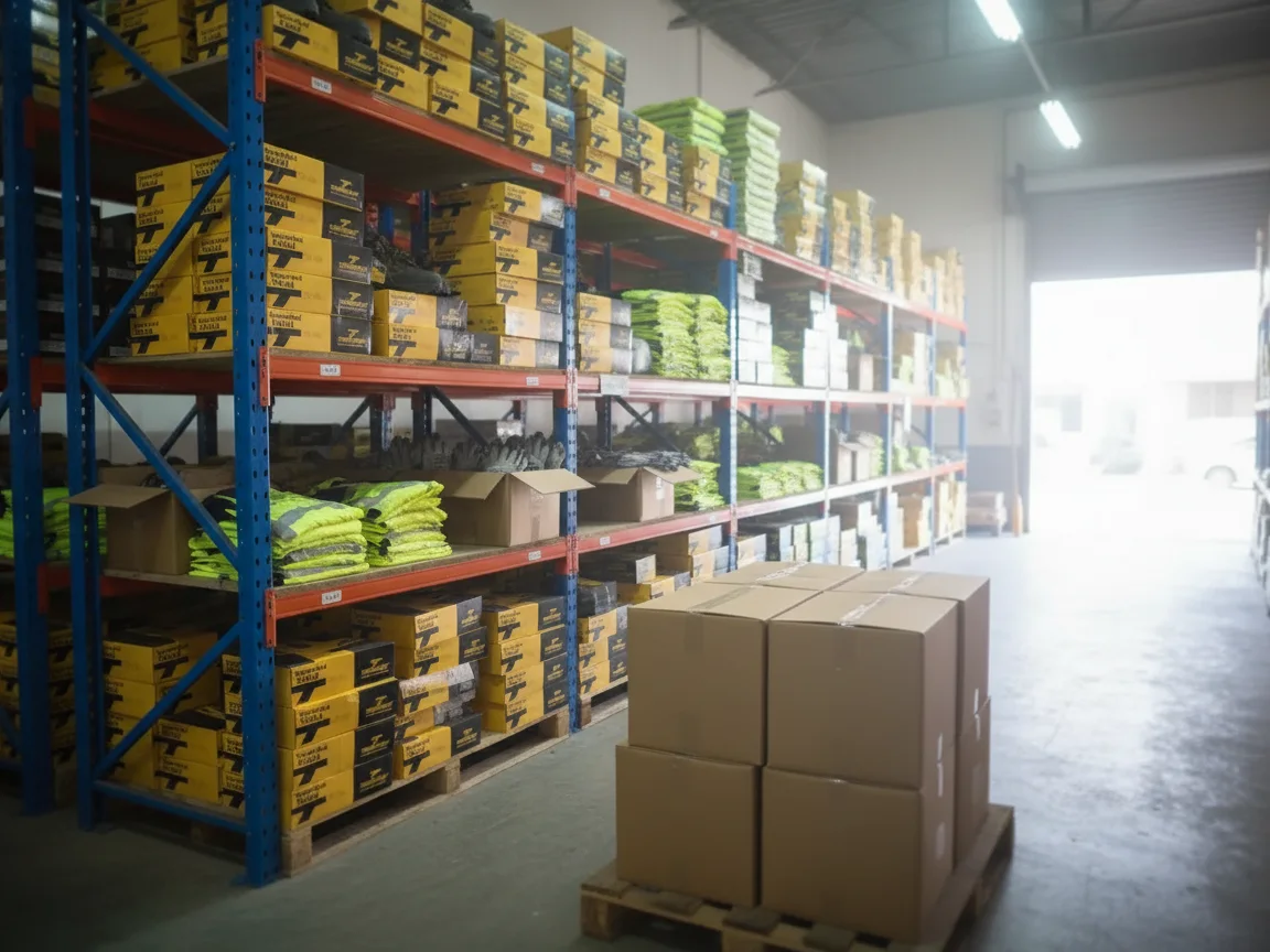 Bodega de AML: racks con cajas de calzado de seguridad, chalecos reflectantes y guantes