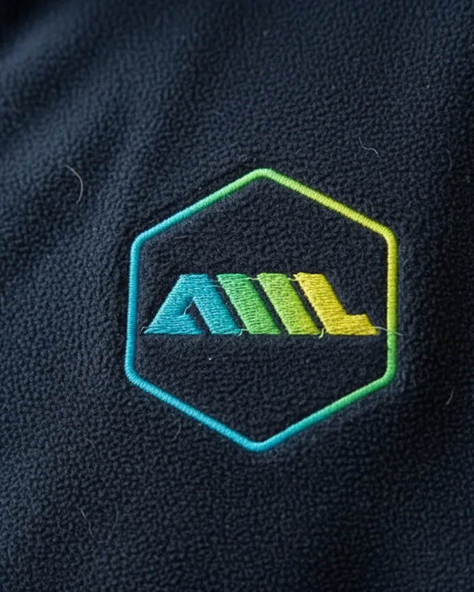 Logo de AML bordado sobre una chaqueta micropolar azul marino