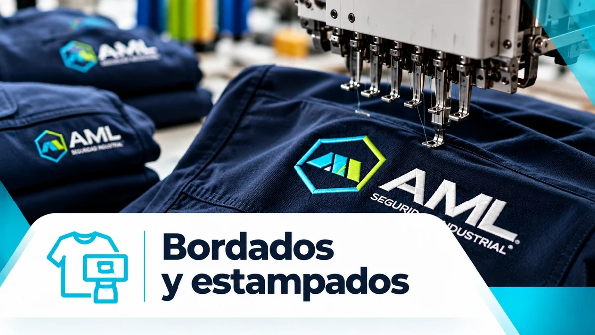 Bordados y estampados: máquina bordando un logo sobre una parka azul marino. Cotizar por WhatsApp
