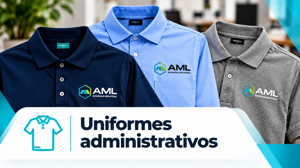 Uniformes administrativos: poleras piqué azul marino, celeste y gris con el logo bordado